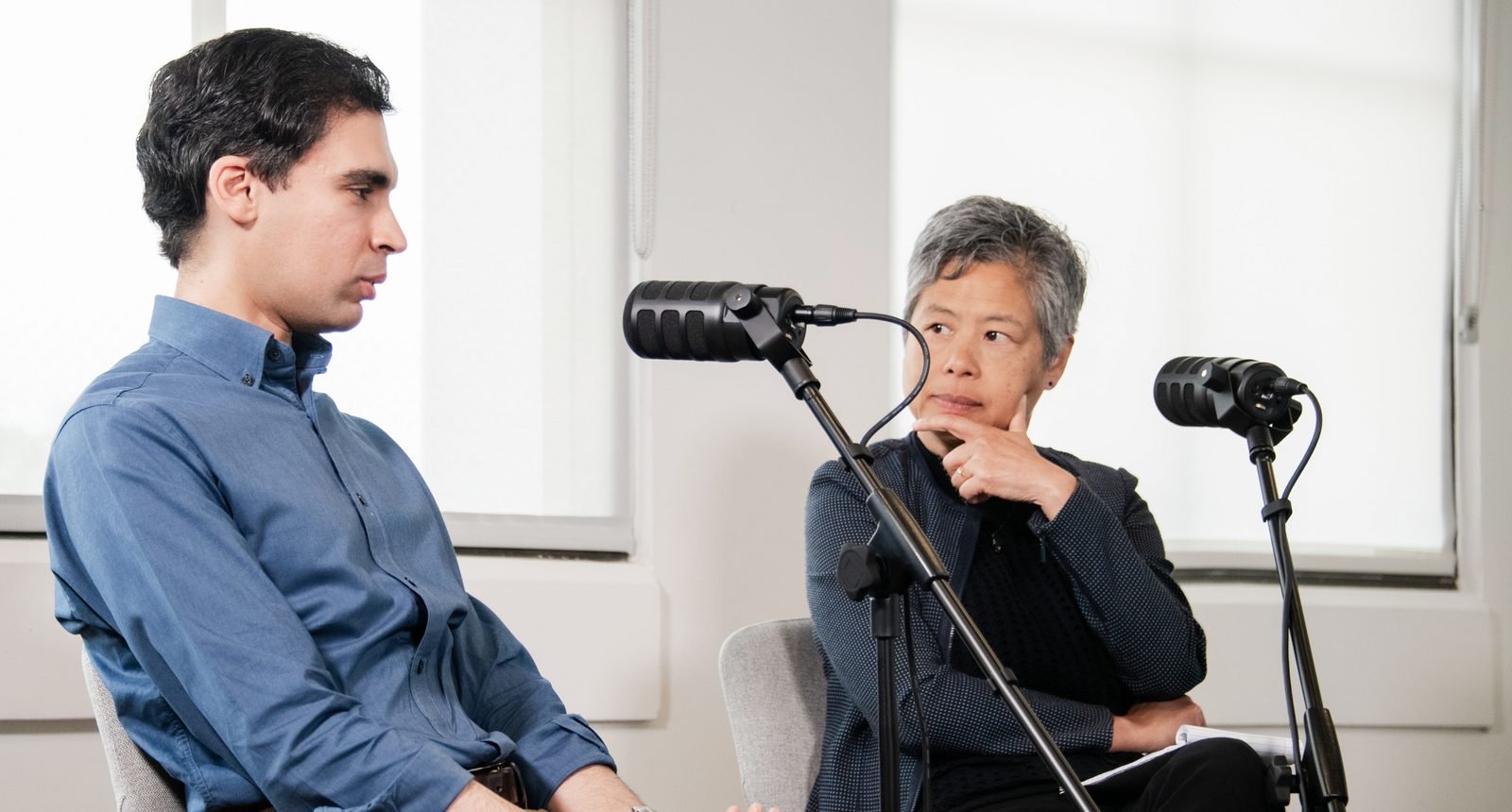 Podcast microphones set up for an Edge Medicine story interview