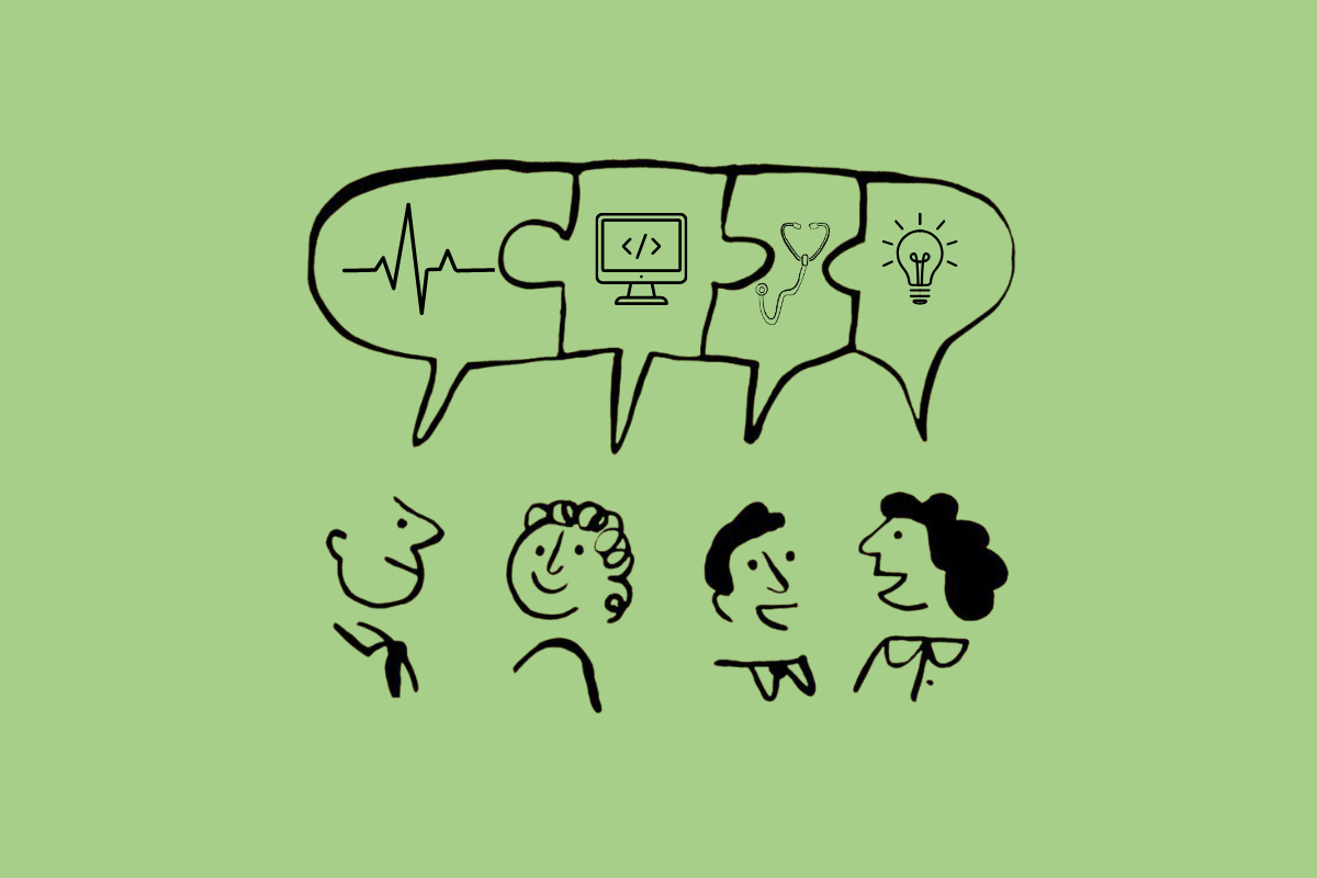 Illustration of a puzzle-piece speech bubble with clinical, tech, and idea icons, above four people in conversation