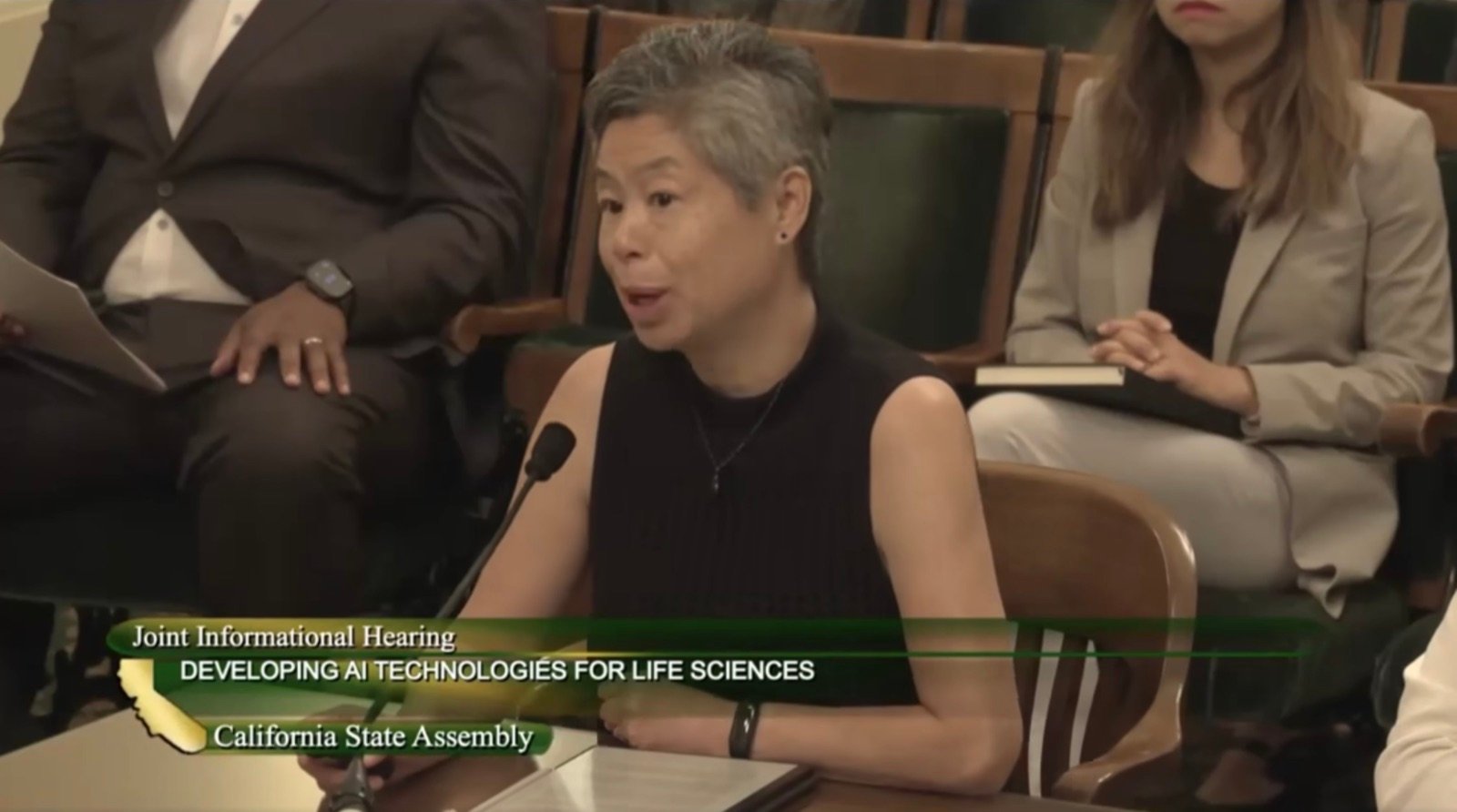 Ida Sim testifying at a California State Assembly joint informational hearing on developing AI technologies for life sciences
